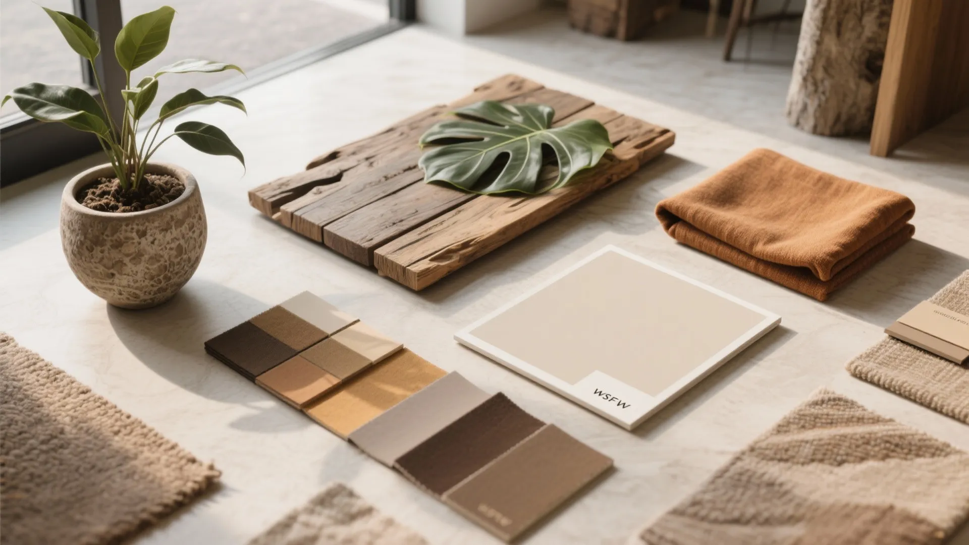 Interior design material board with wood piece green leaf fabric samples and neutral color swatches