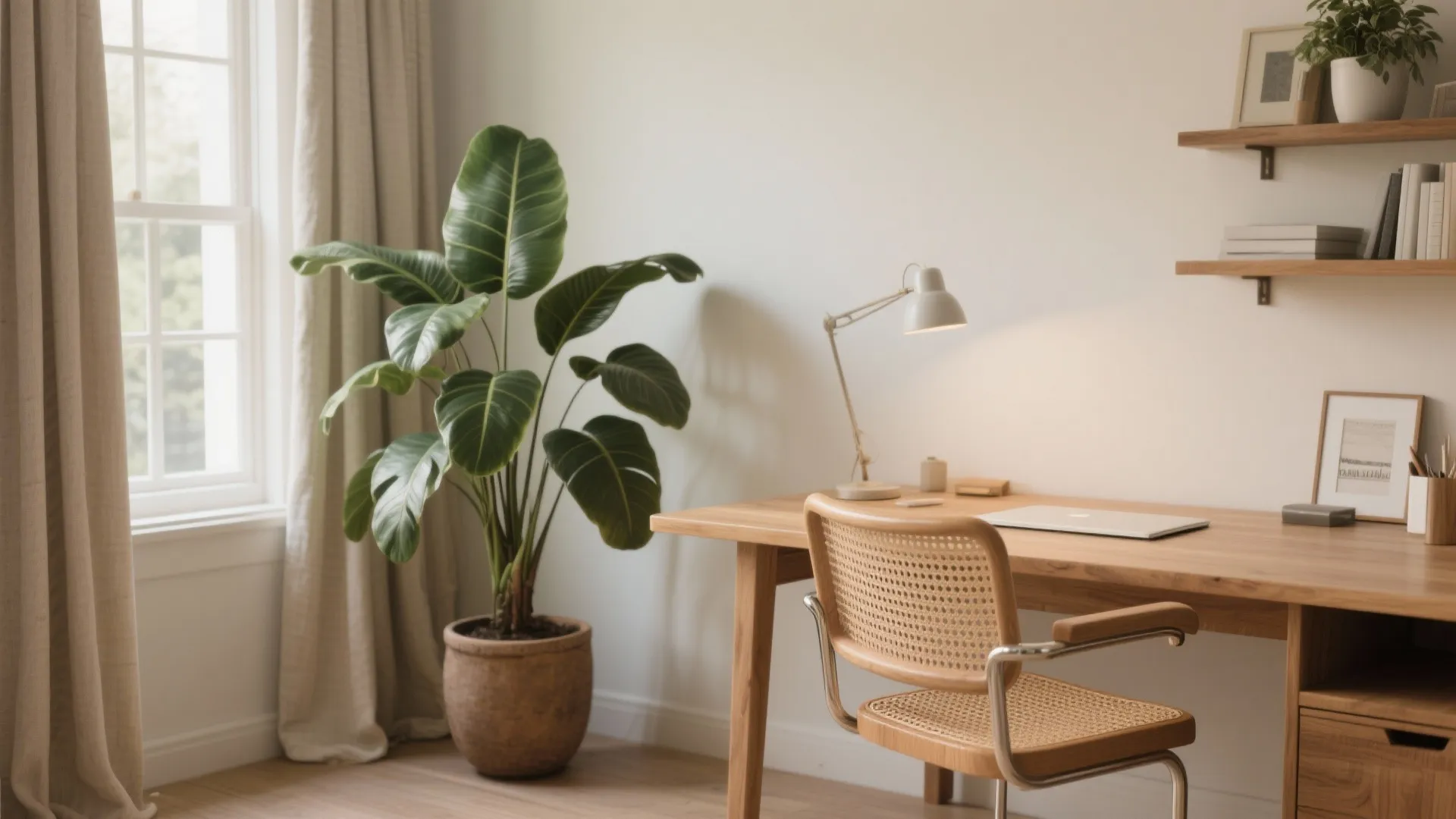 Bright home office with wooden desk large green plant white walls and light brown curtains