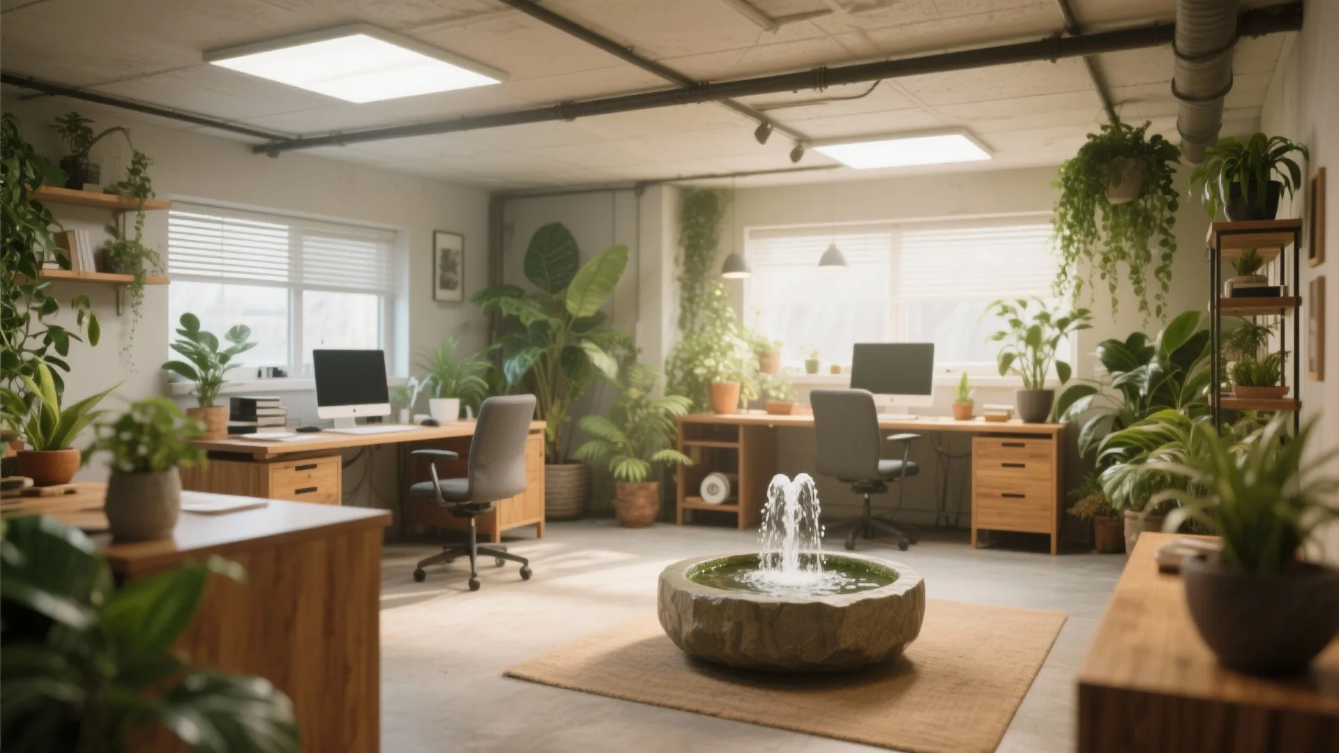 Spacious office interior with wooden desks many green plants and a small indoor water fountain