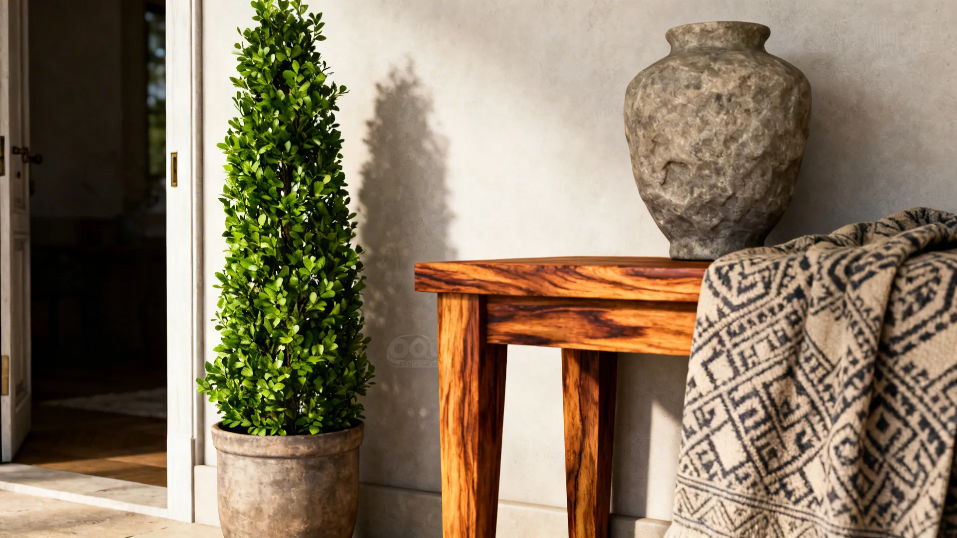 Tall narrow plant near a doorway with wood and stone accents to steady the room's qi.