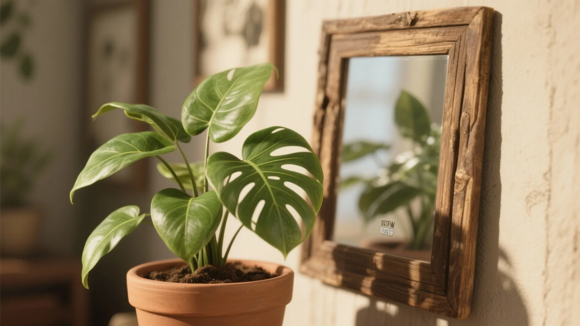 Close-up of green plant and wood decor in selfie corner