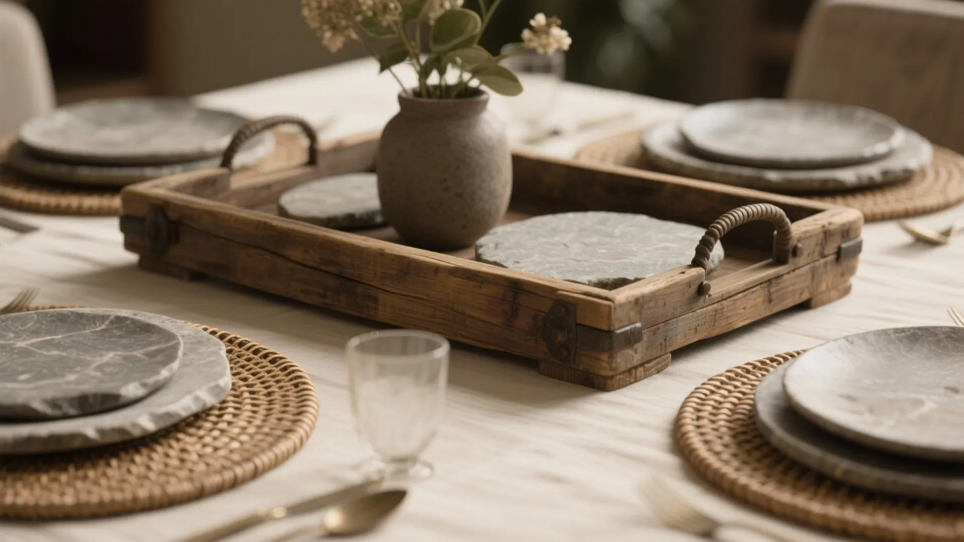 Rustic table setting with wooden tray stone plates woven placemats small green plant and cutlery