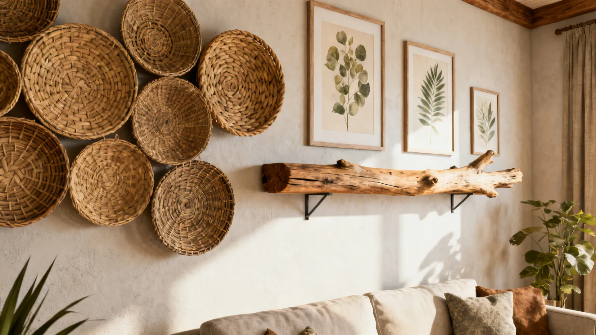 Wall decorated with woven baskets, driftwood shelf, and botanical prints for a layered natural look.