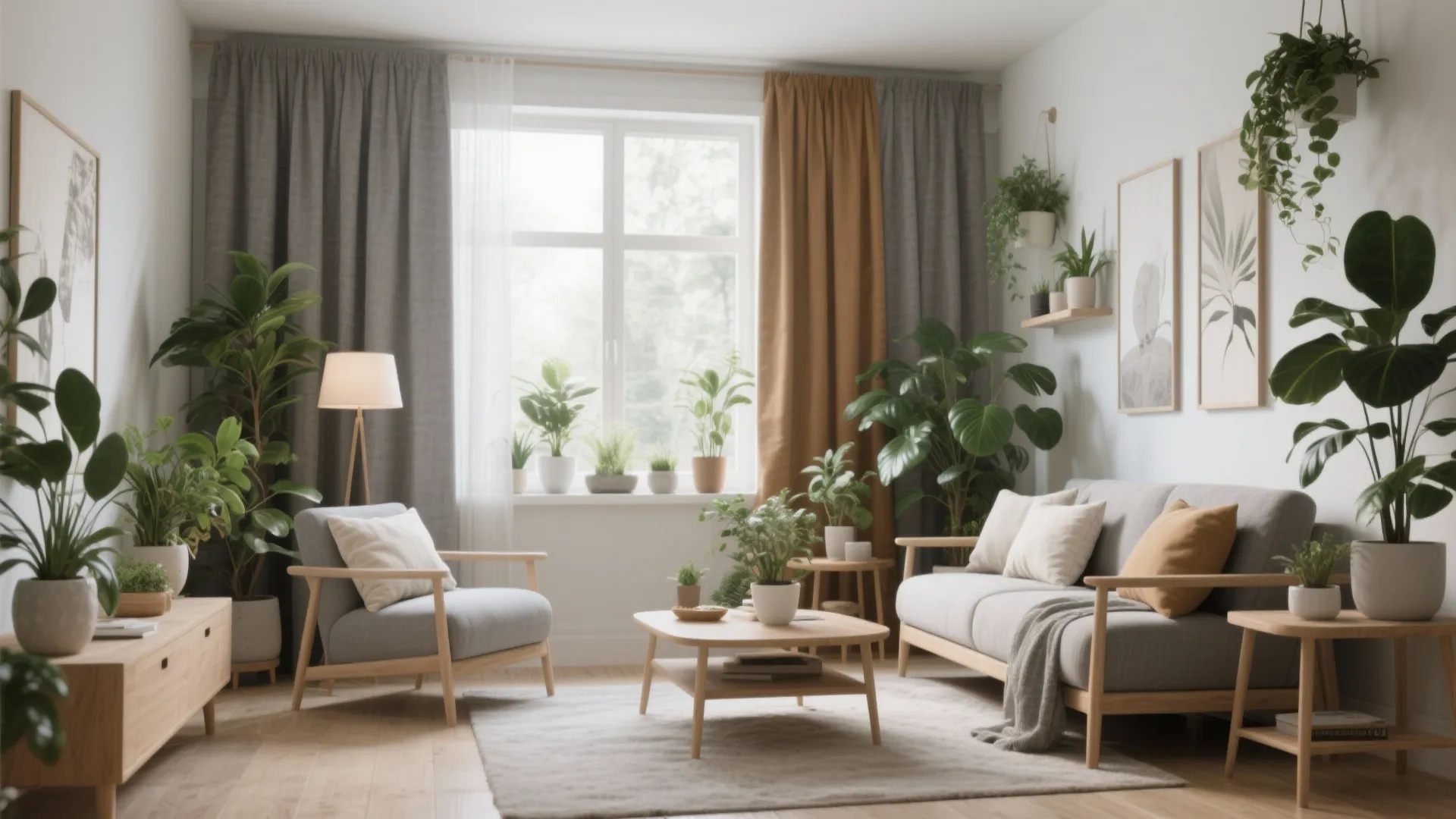Linen curtains and indoor plants in a grey and tan living room