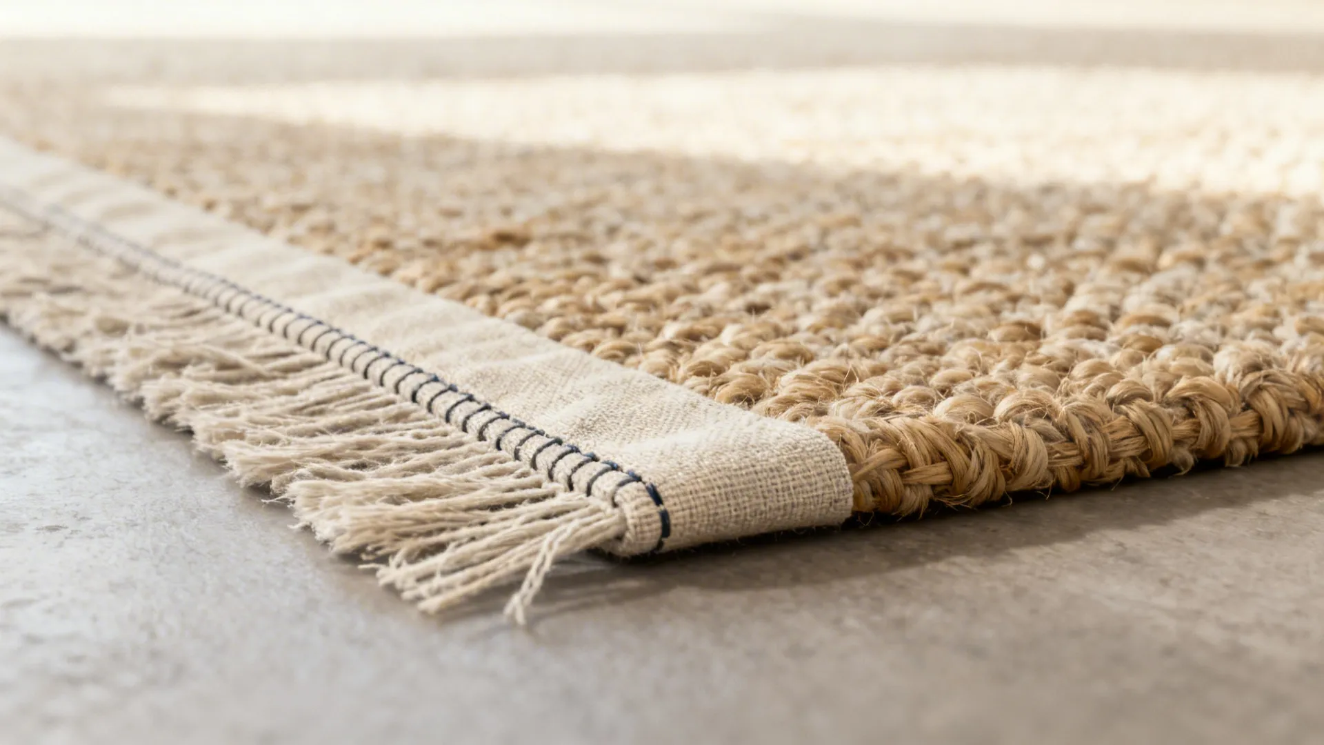 Macro of a natural fiber blend rug edge with washable removable backing and serged hem.