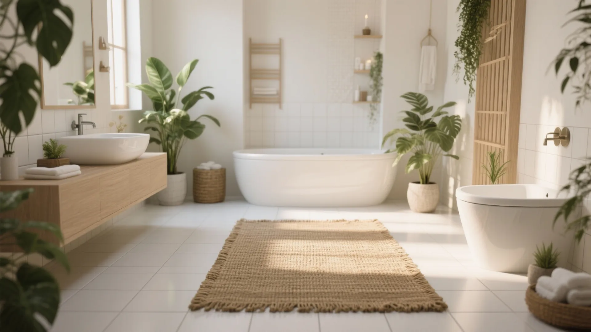 Bright modern bathroom with white bathtub wooden cabinet green plants and woven rug on floor