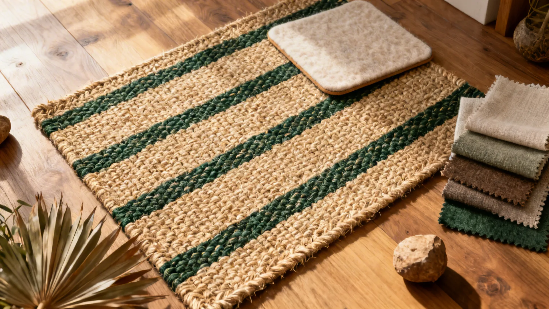 Top-down view of a jute rug with dark green woven accents and material swatches.