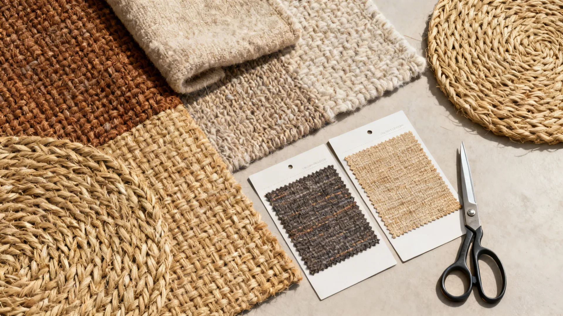 Flatlay of jute, wool blend, and sisal swatches in multi-tonal earth hues