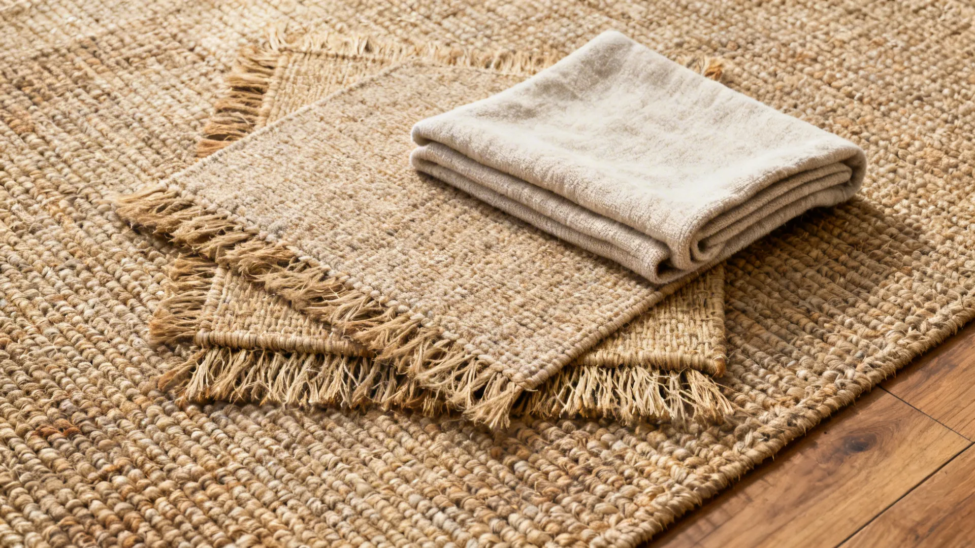 Top-down view of jute and sisal rug samples with a folded cotton swatch.