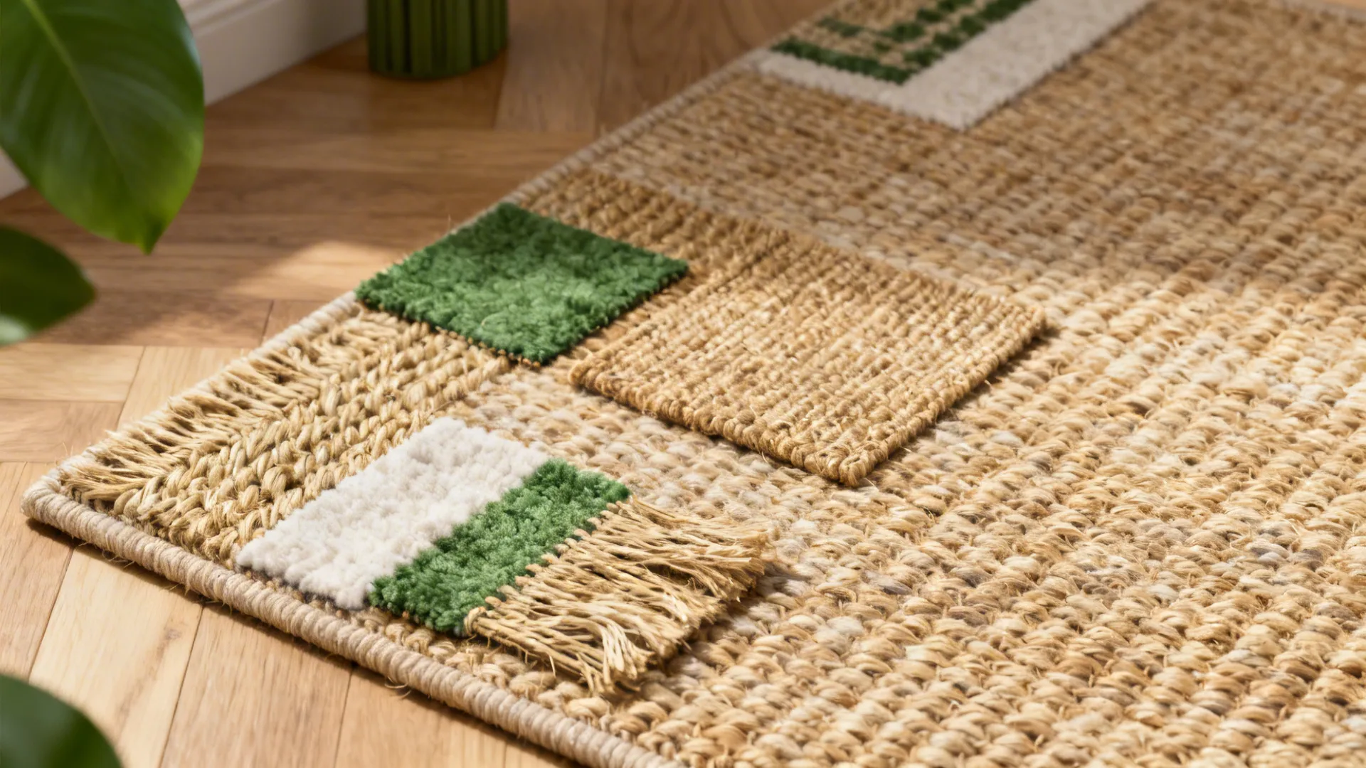 Flatlay of natural fiber rug swatches blended with wool and cotton accents showing weave and texture.