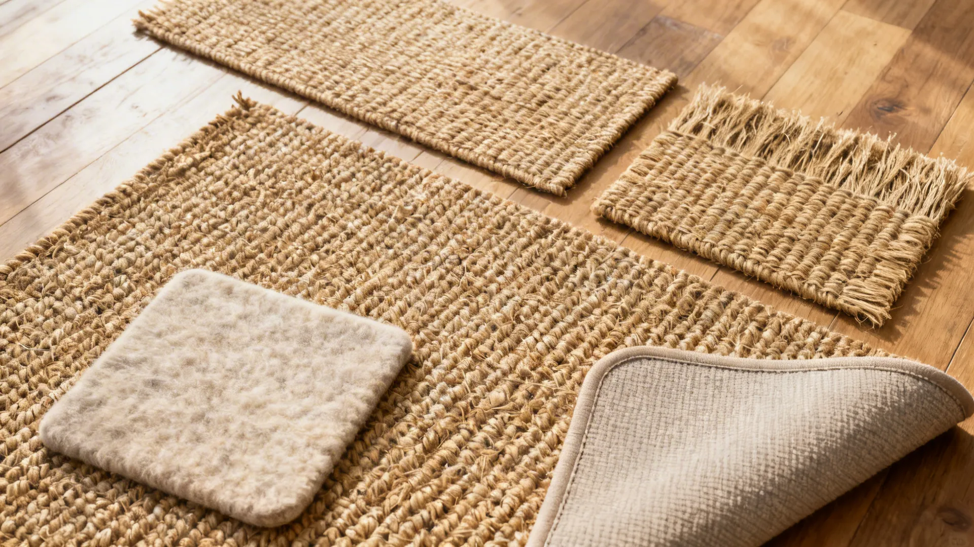 Flatlay of jute and sisal rug swatches with wool mat sample on wooden floor.