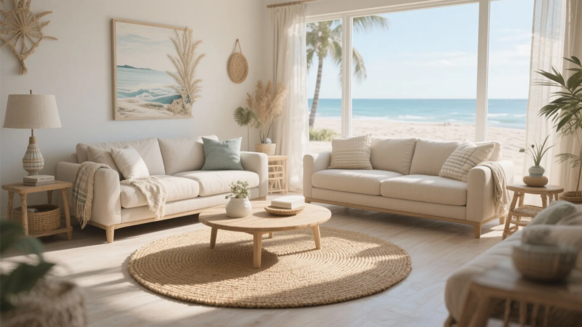 Coastal living room with cream sofas a round woven rug and large windows showing beach