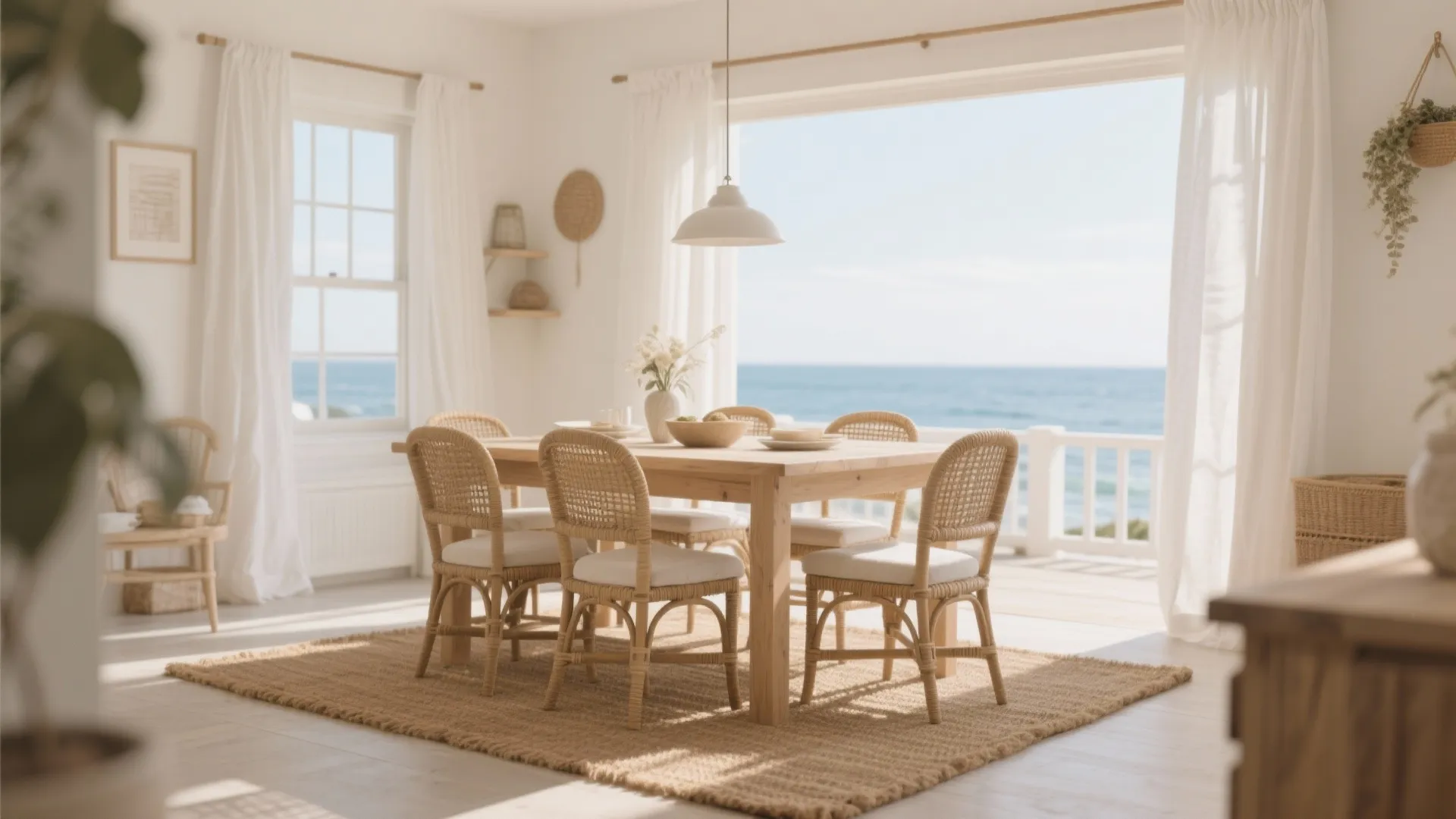 Bright dining room with wooden table woven chairs jute rug and ocean view through windows