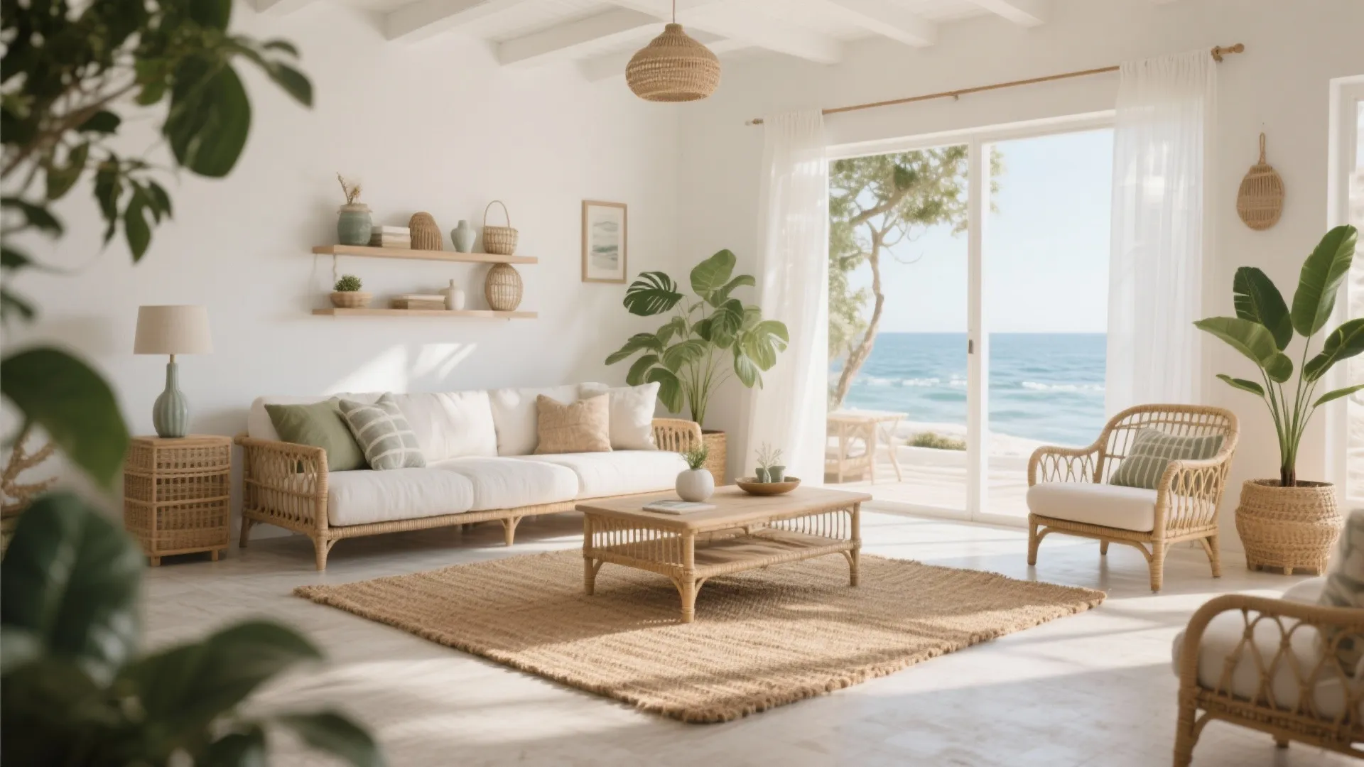 Bright coastal living room with white sofa wooden coffee table natural jute rug and sea view