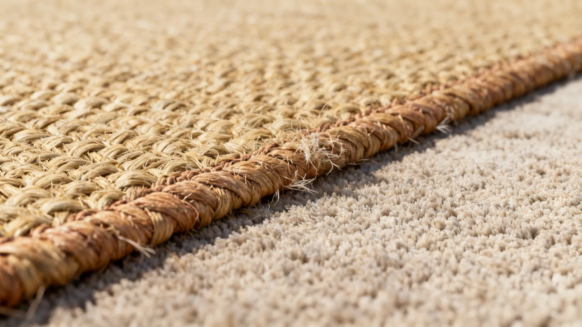 Close-up of a sisal or jute rug layered on plush carpet showing texture contrast