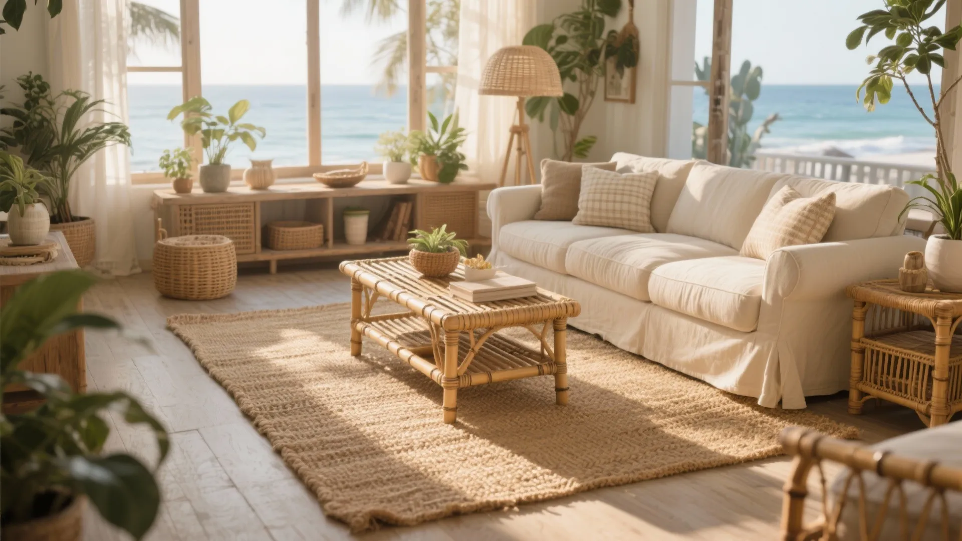 Coastal living room with white sofa bamboo coffee table natural fiber rug and blue ocean
