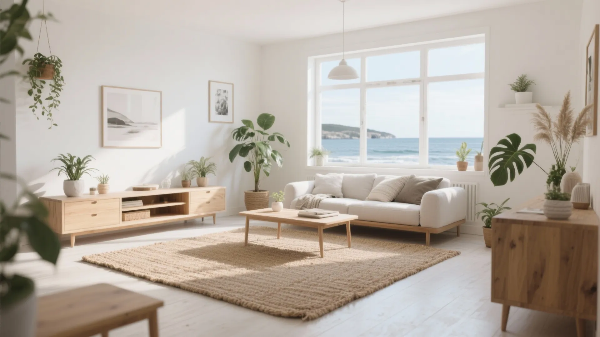 Scandinavian living room with jute rug and wood furniture