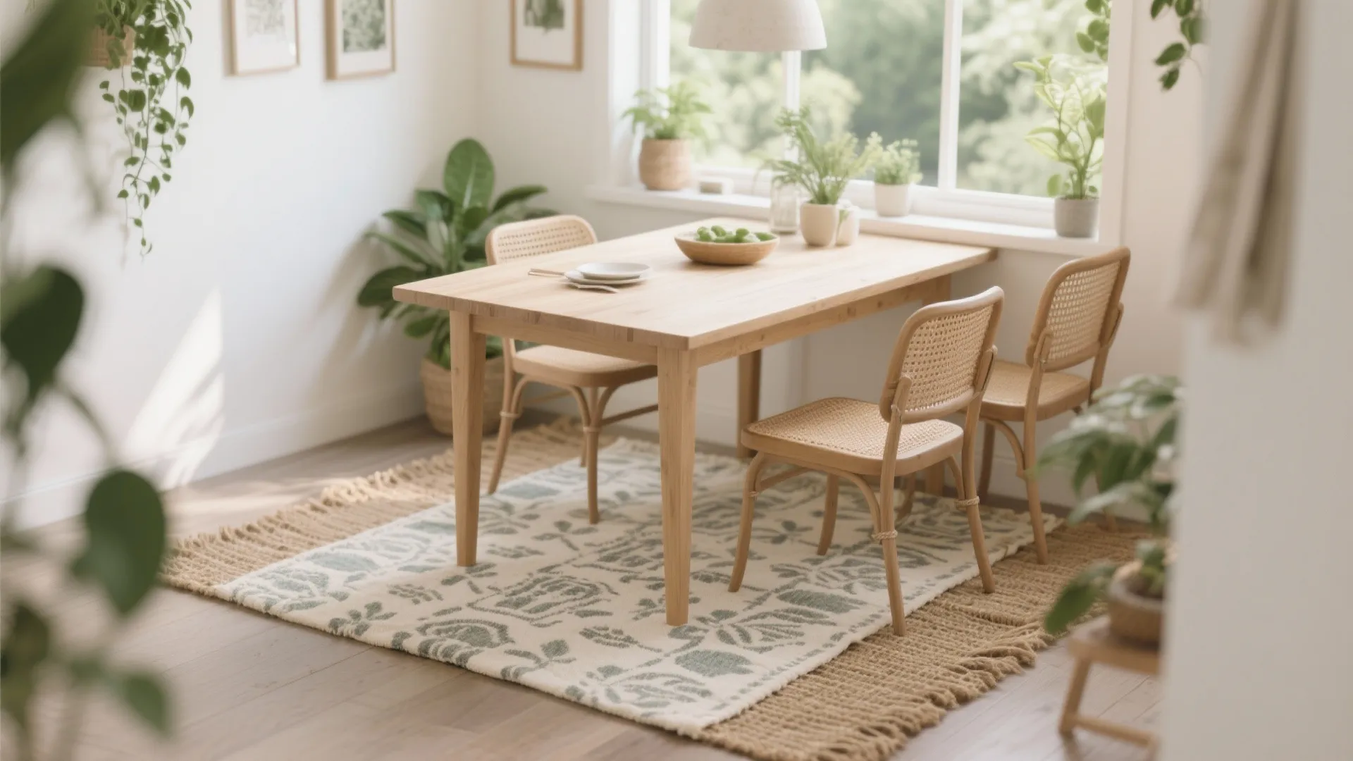 Bright dining space with wooden table woven chairs patterned rug green plants and large window