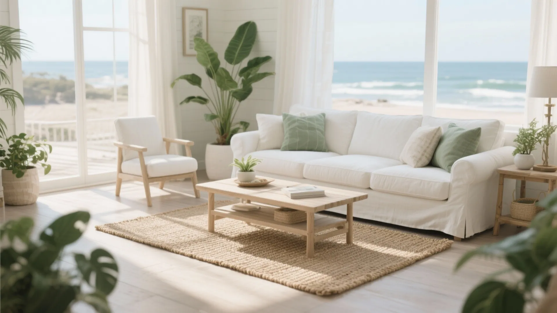 Bright coastal living room featuring white sofa wooden coffee table natural fiber rug and ocean view