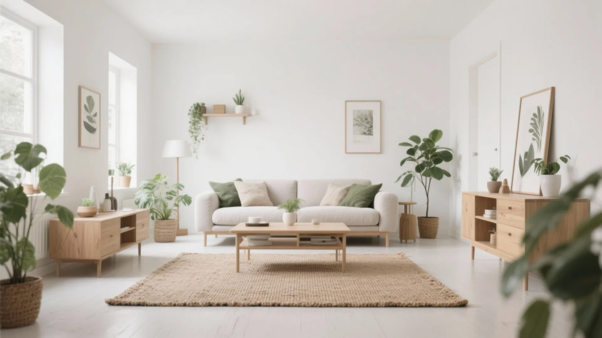 Scandinavian style living room with natural jute rug