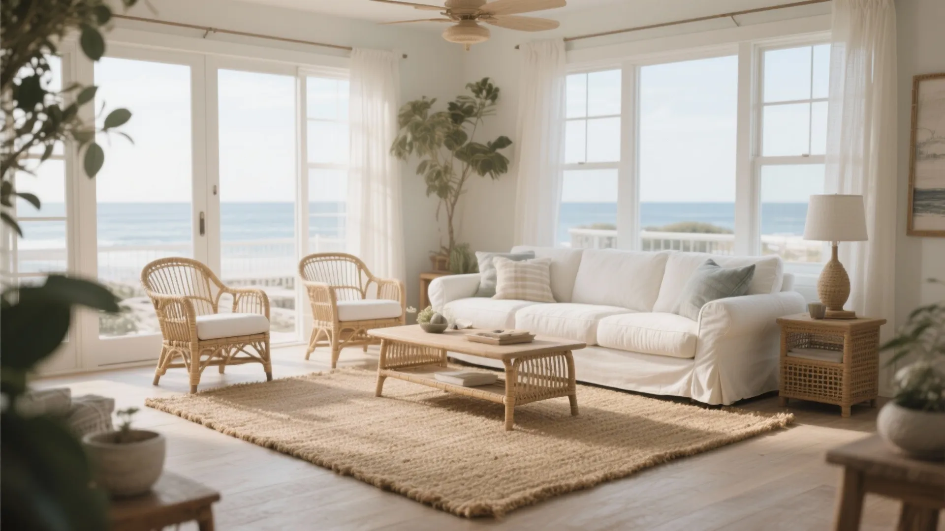 Bright coastal living room with white sofa, rattan chairs, jute rug, and beautiful ocean view