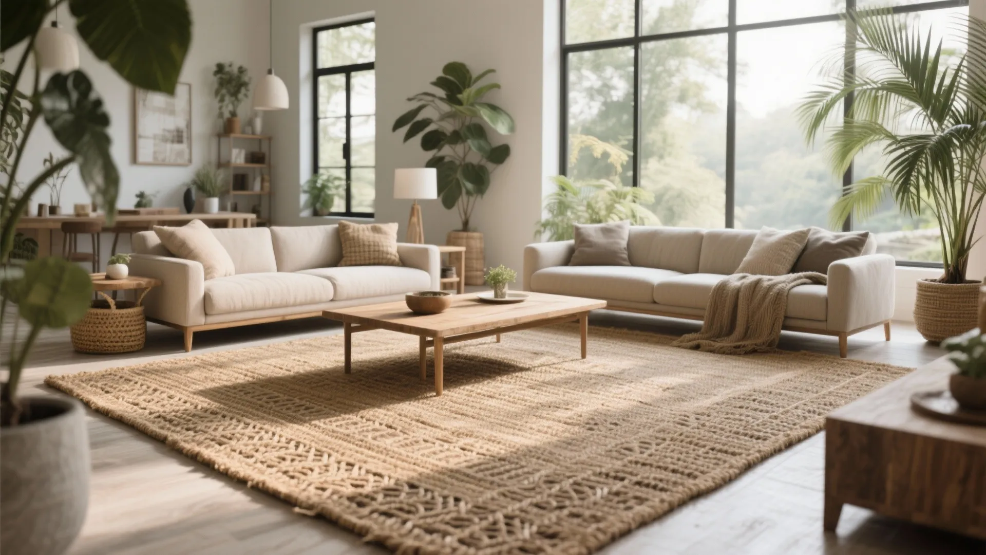 Rustic modern living room with large jute rug
