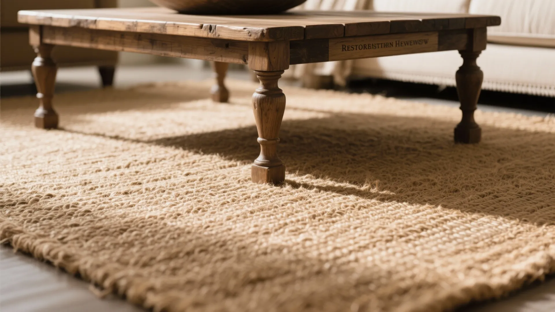 Close-up of natural jute rug texture in living room