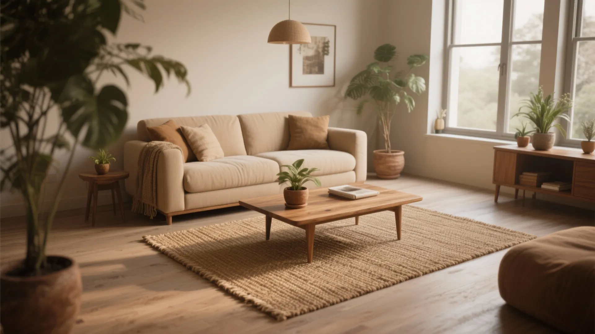 Living room with sisal rug and warm natural textures
