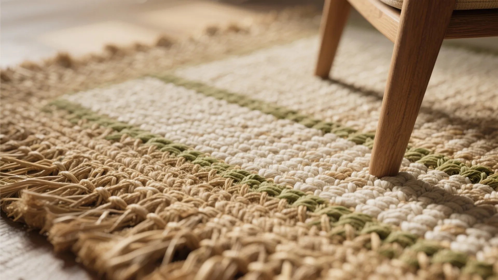 Close up view of woven natural fiber rug with green and beige stripes and fringe