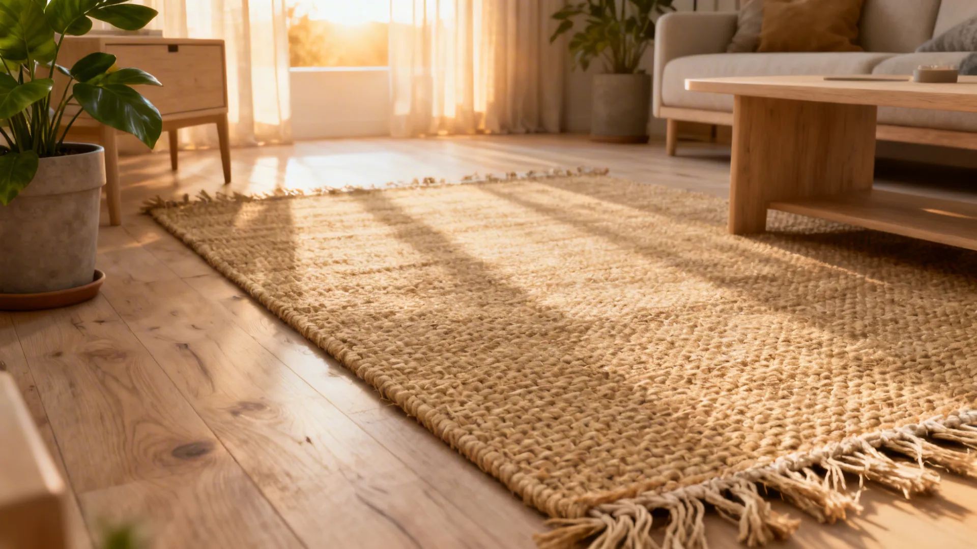Scandinavian living room with a jute rug, light wood tones and potted plant for casual warmth.
