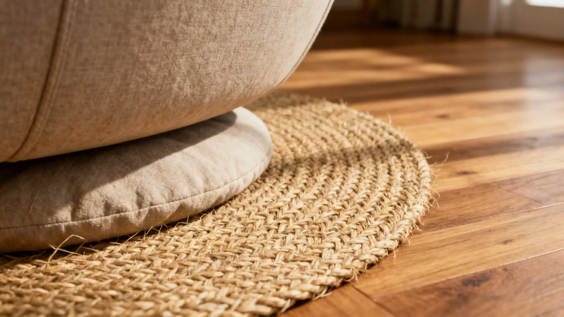 Macro view of woven jute round rug texture with a soft pad underneath