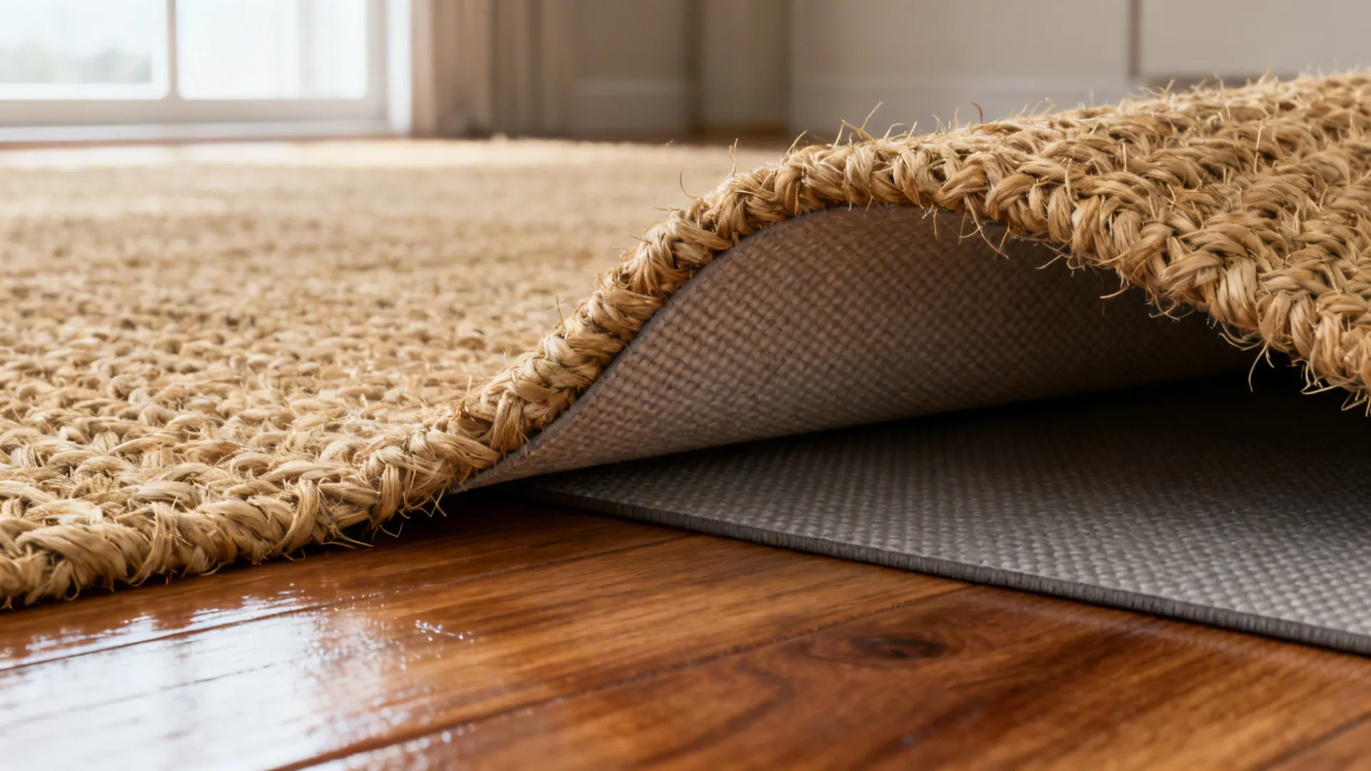 Close-up of a natural jute rug edge with protective backing and rug pad on wood floor.