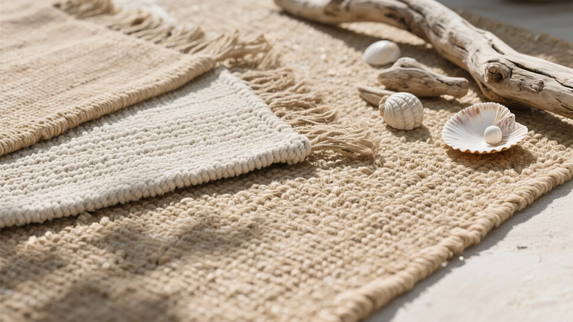 Close up of natural woven rugs with seashell and wood branch decor in bright sunlight