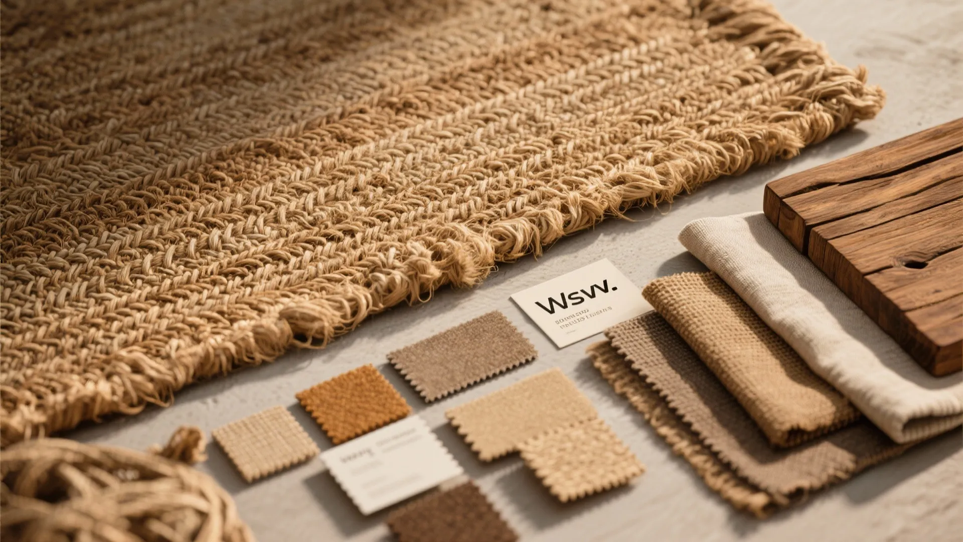 Flat lay of natural fiber rugs and rustic materials