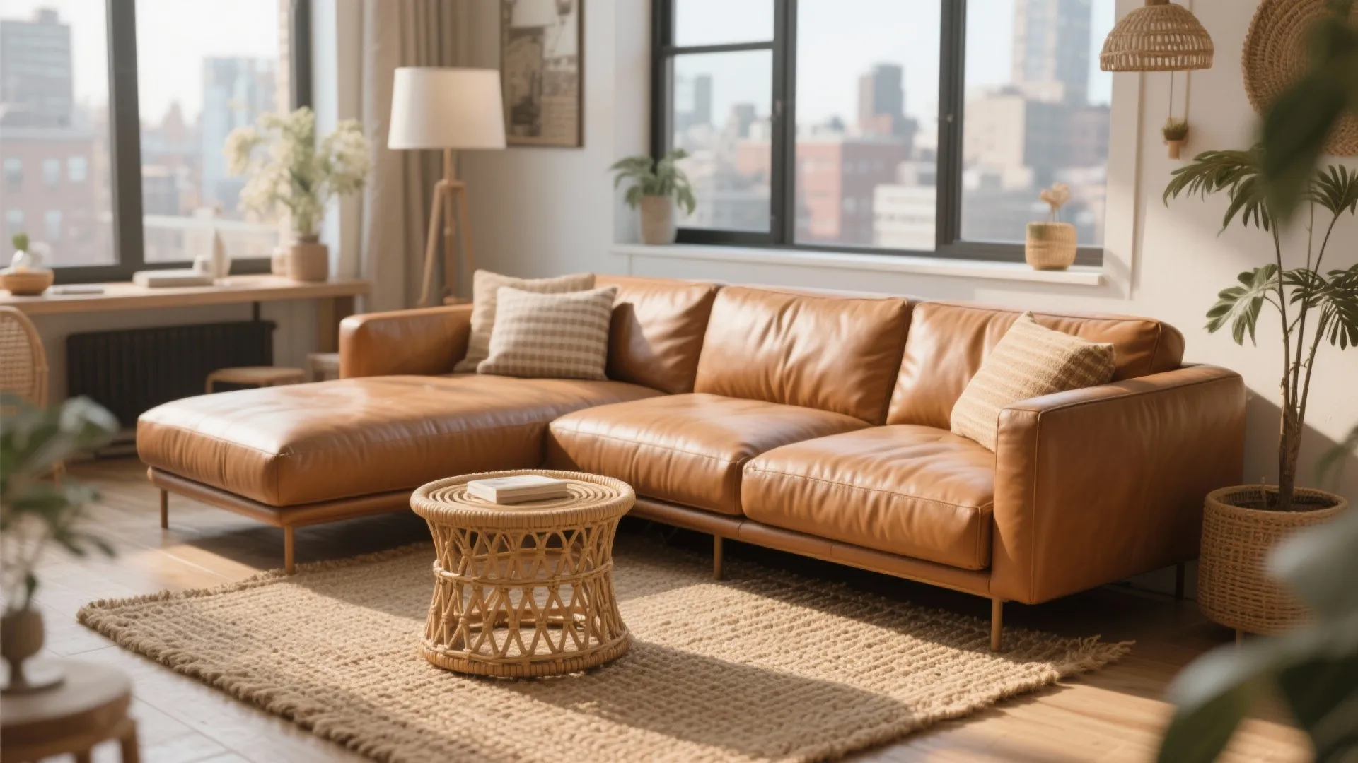 Tan leather sectional with jute rug and rattan table