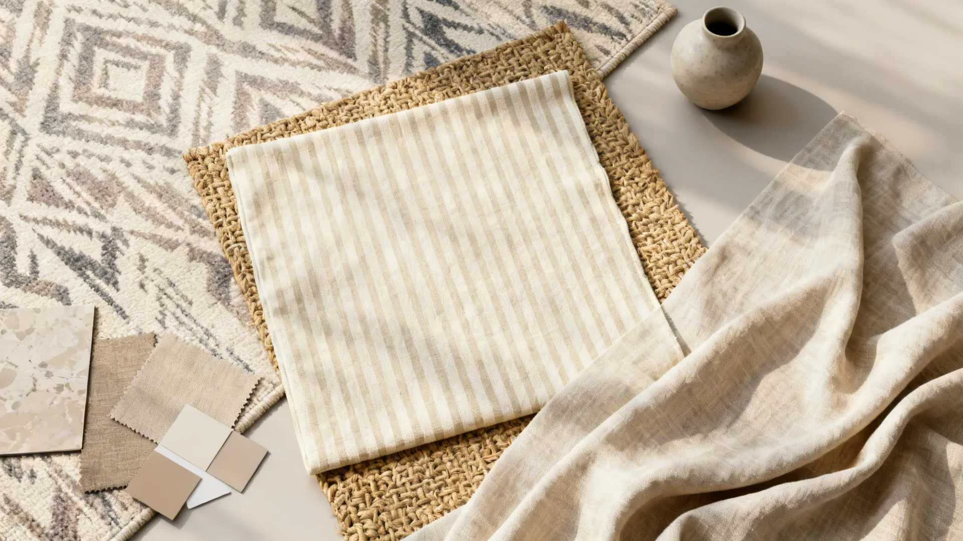 Flatlay of cream and beige fabric swatches, jute and linen samples