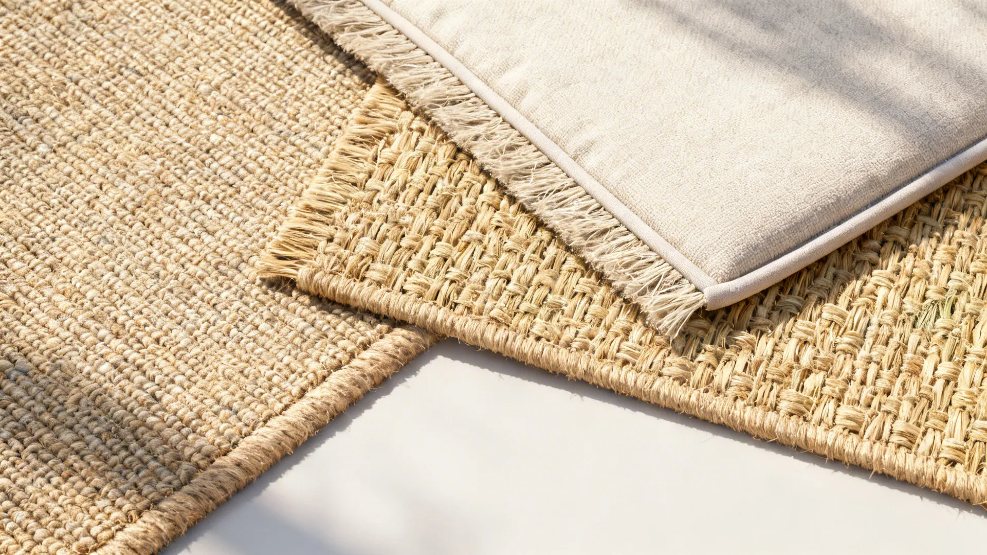 Top-down view of sisal, seagrass, and jute rug samples with an underlay edge for comfort.