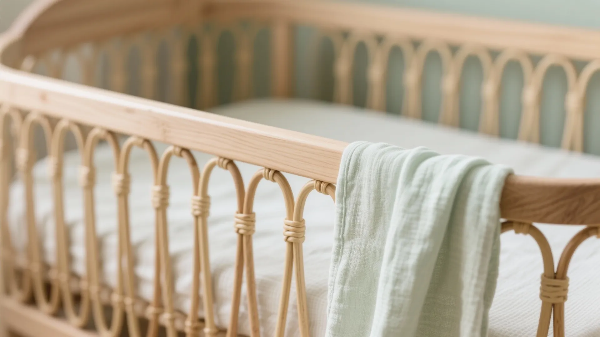 Close up of a wooden baby bed with light green blanket and soft white bed sheets