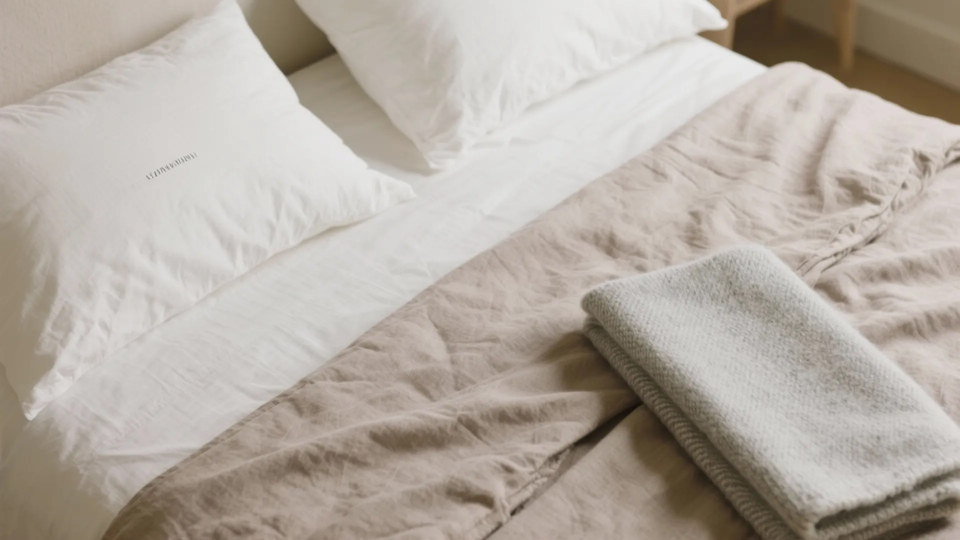 Top down view of a made bed with white pillows and a folded beige blanket