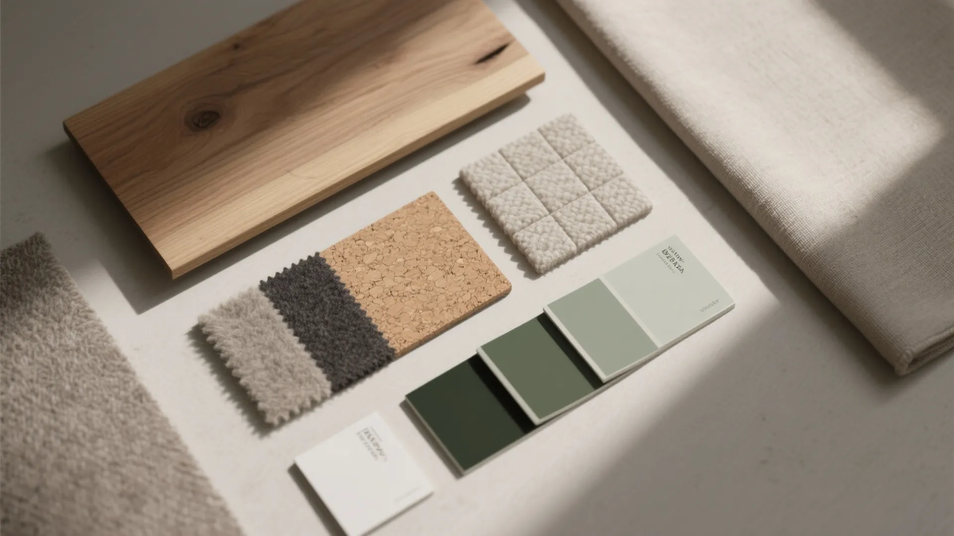 Interior design mood board with wood sample cork tiles green color palettes and soft fabric