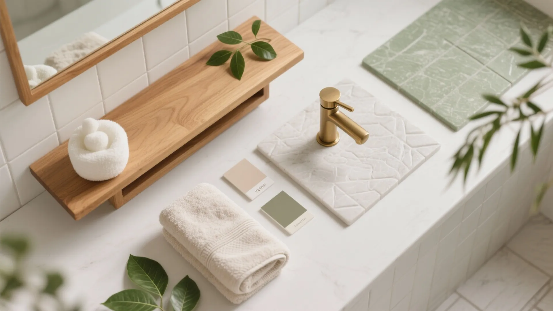 Bathroom design mood board with gold faucet white marble tiles green samples and wooden shelf