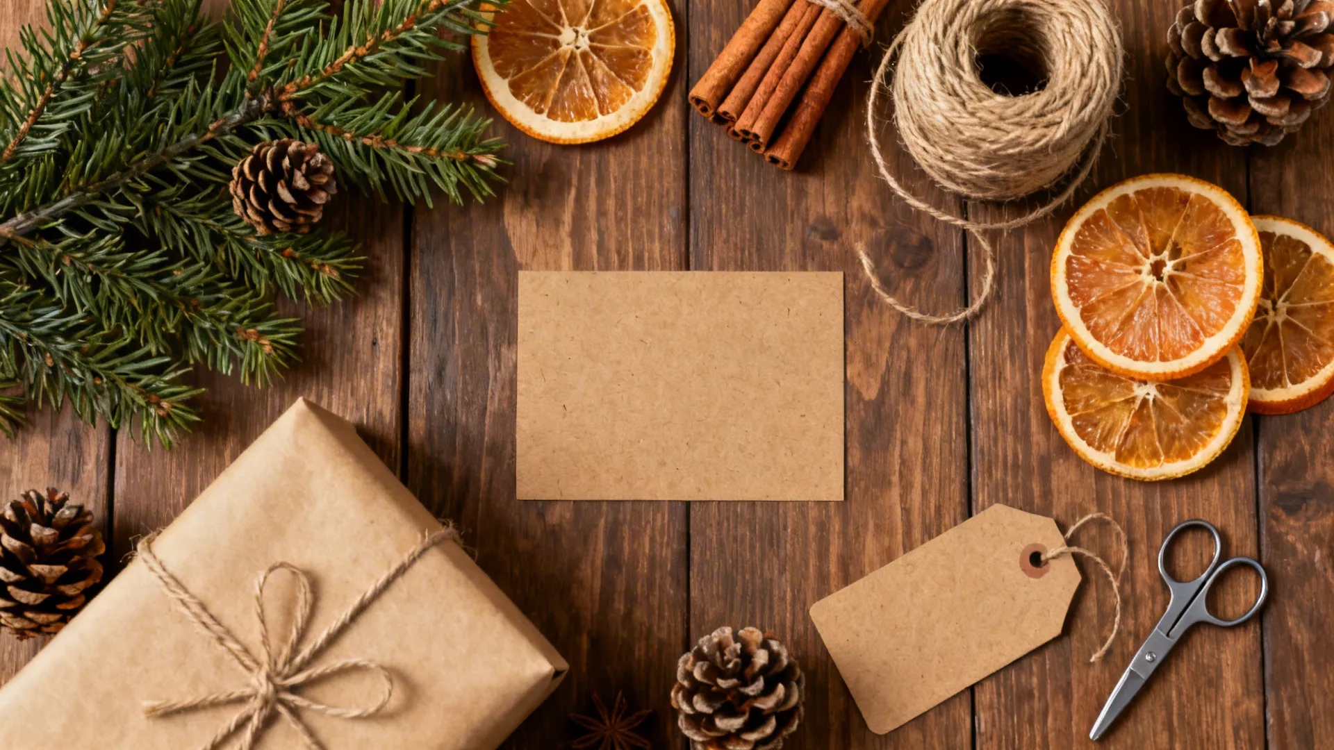 Flatlay of dried orange slices, cinnamon sticks, pinecones and twine for tree decorating
