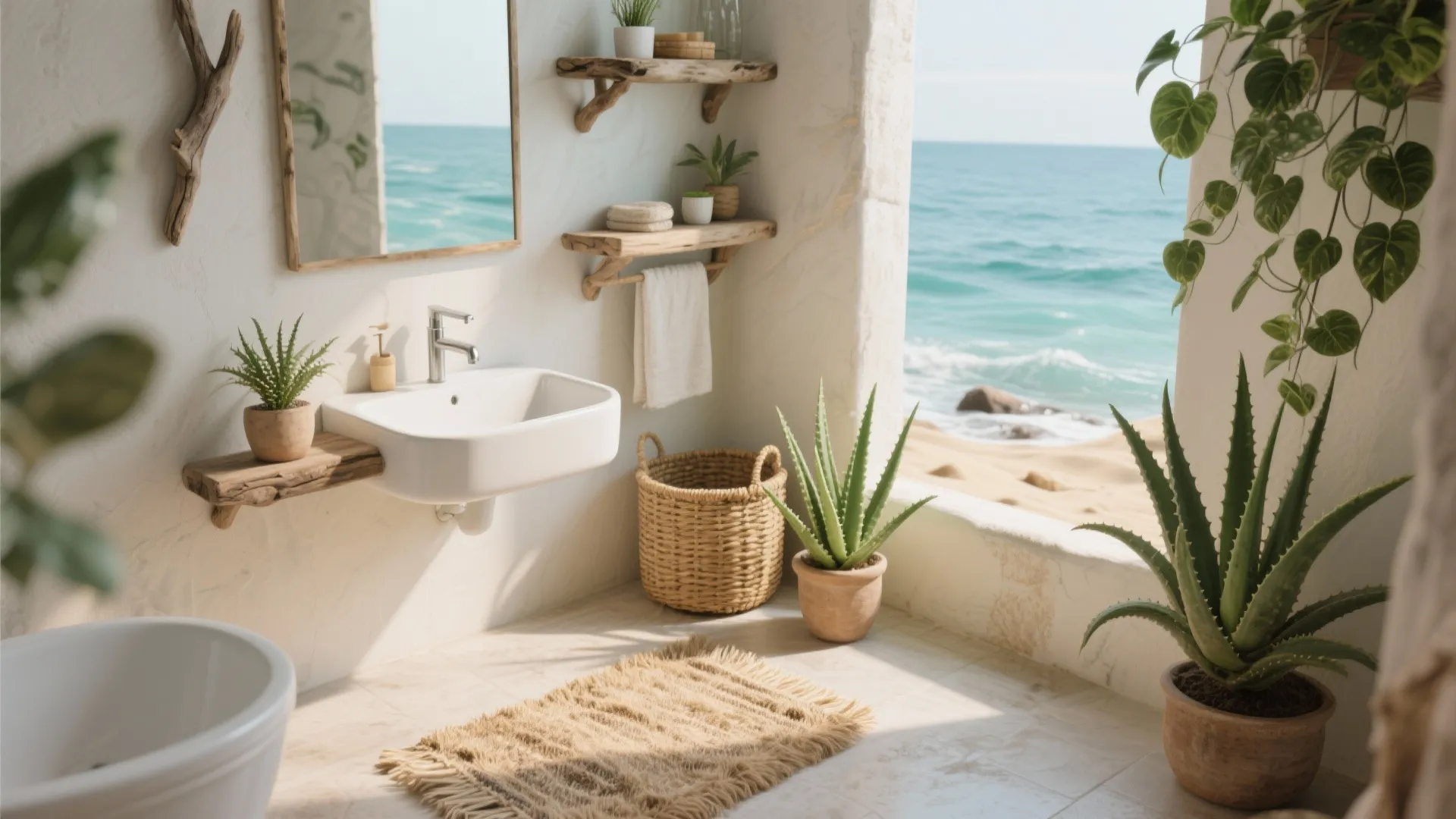 Bright bathroom interior design with white sink wooden shelves green plants and view of ocean