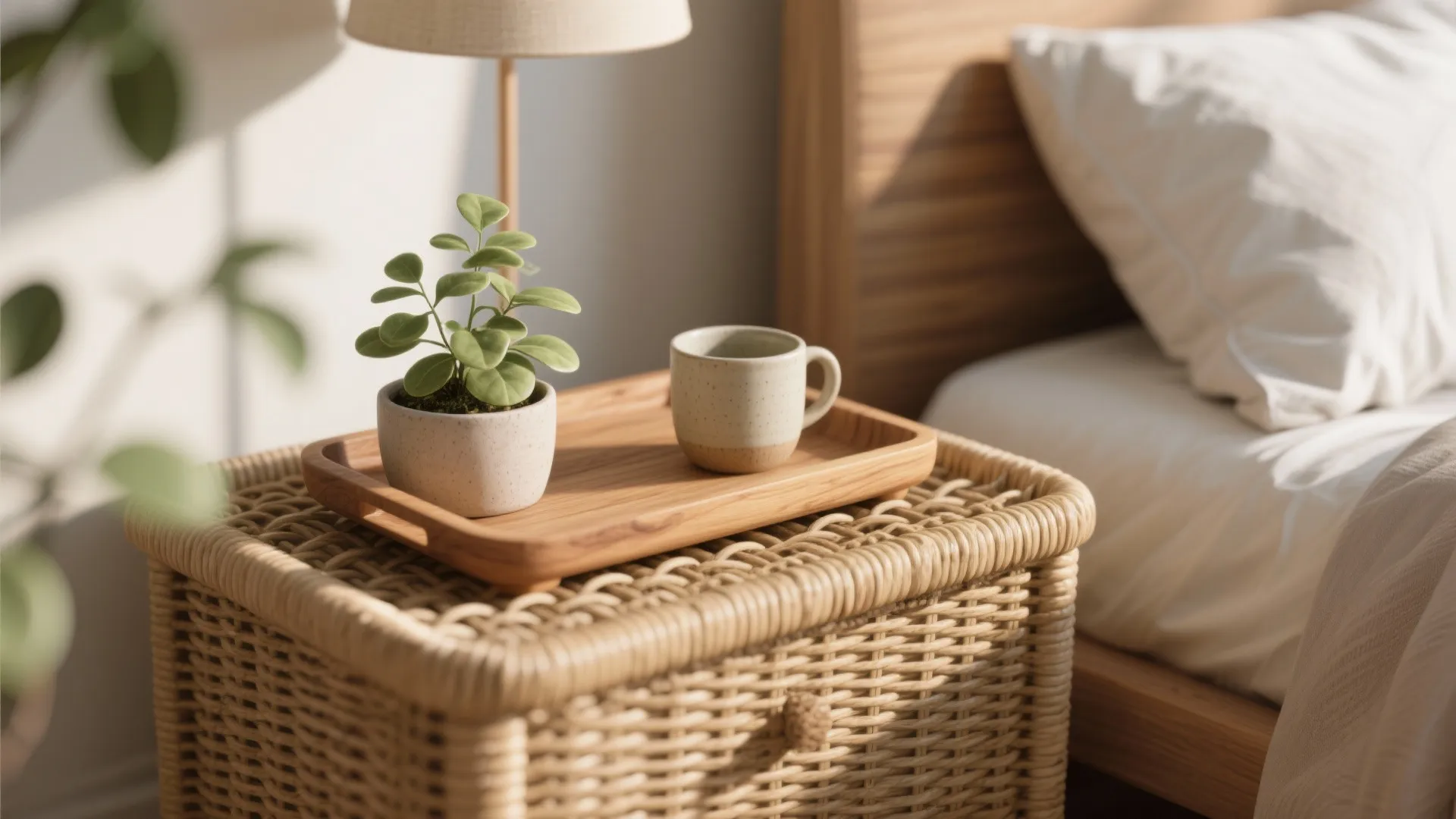 Woven bedside table with a wooden tray holding a small green plant and coffee cup