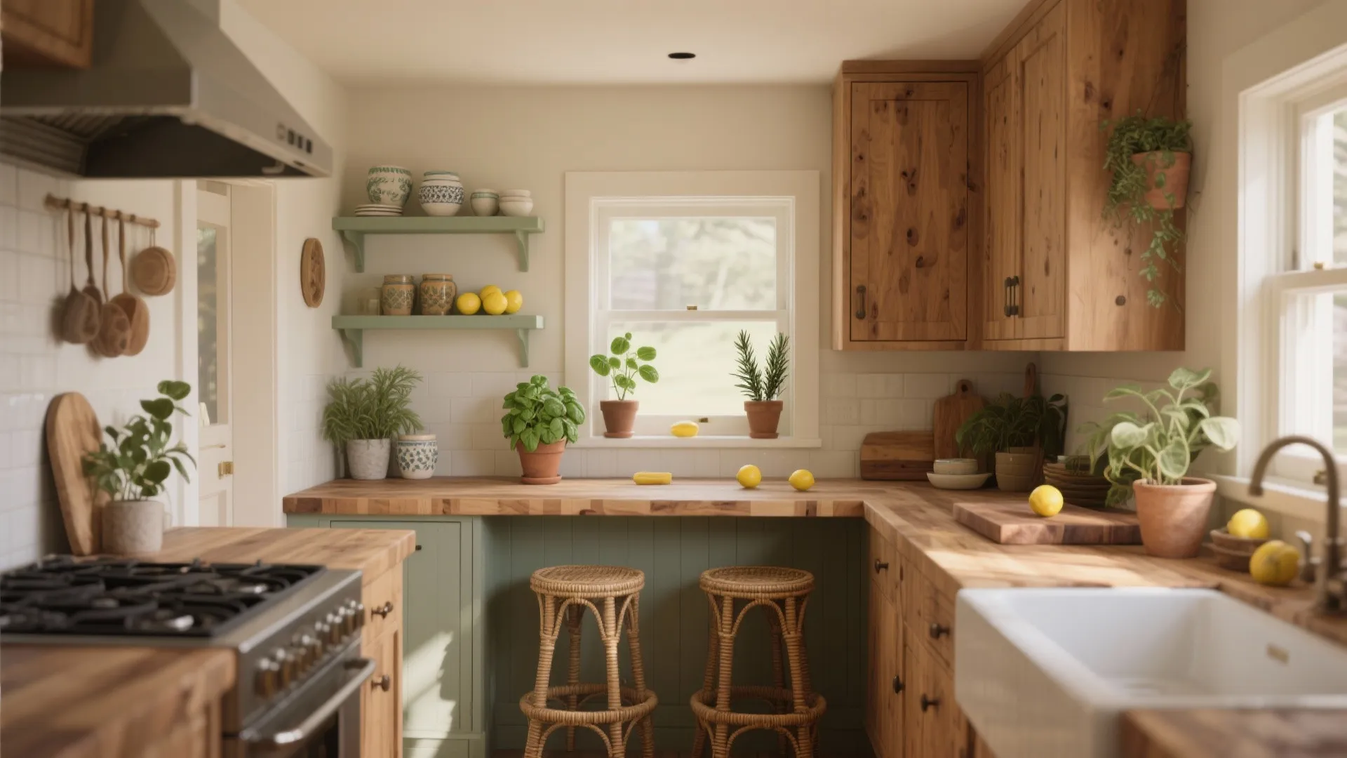 Small kitchen with butcher-block counters, rattan stools, potted herbs and subtle lemon accents.