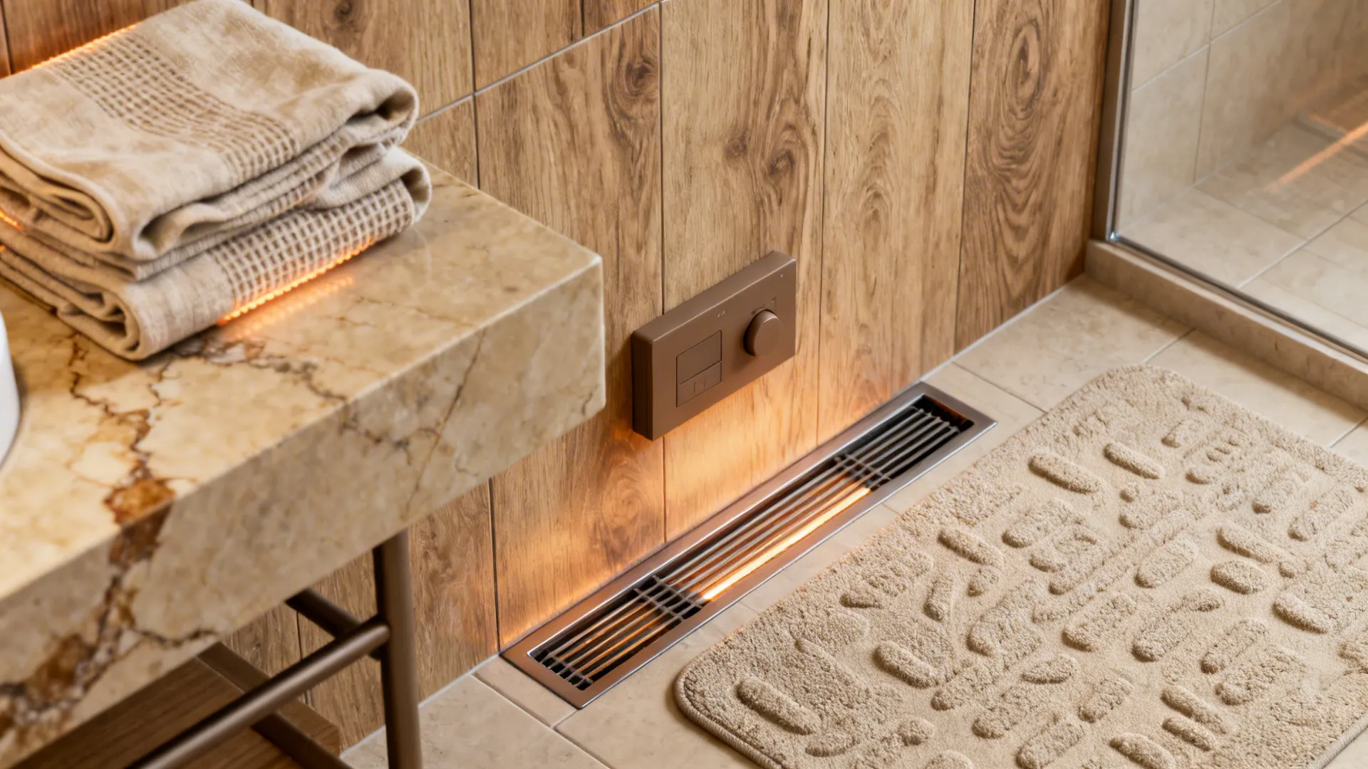 Close-up of wood-look tile, stone surfaces, and a slim heated towel rail in a spa bathroom