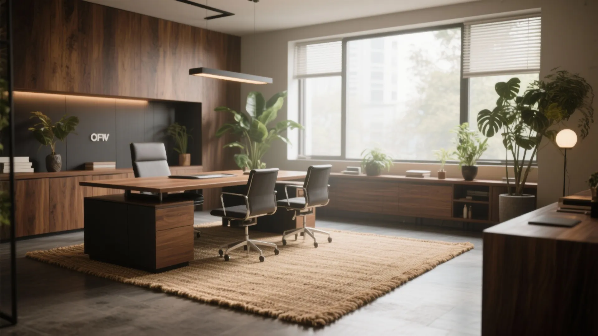 Warm masculine office with a textured natural jute rug