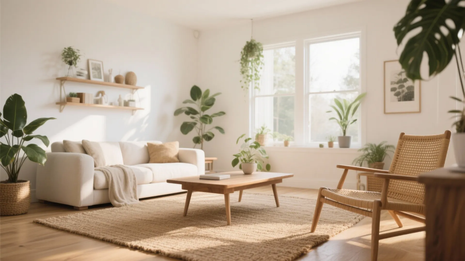 Bright living room with white sofa natural jute rug wooden coffee table and many green plants