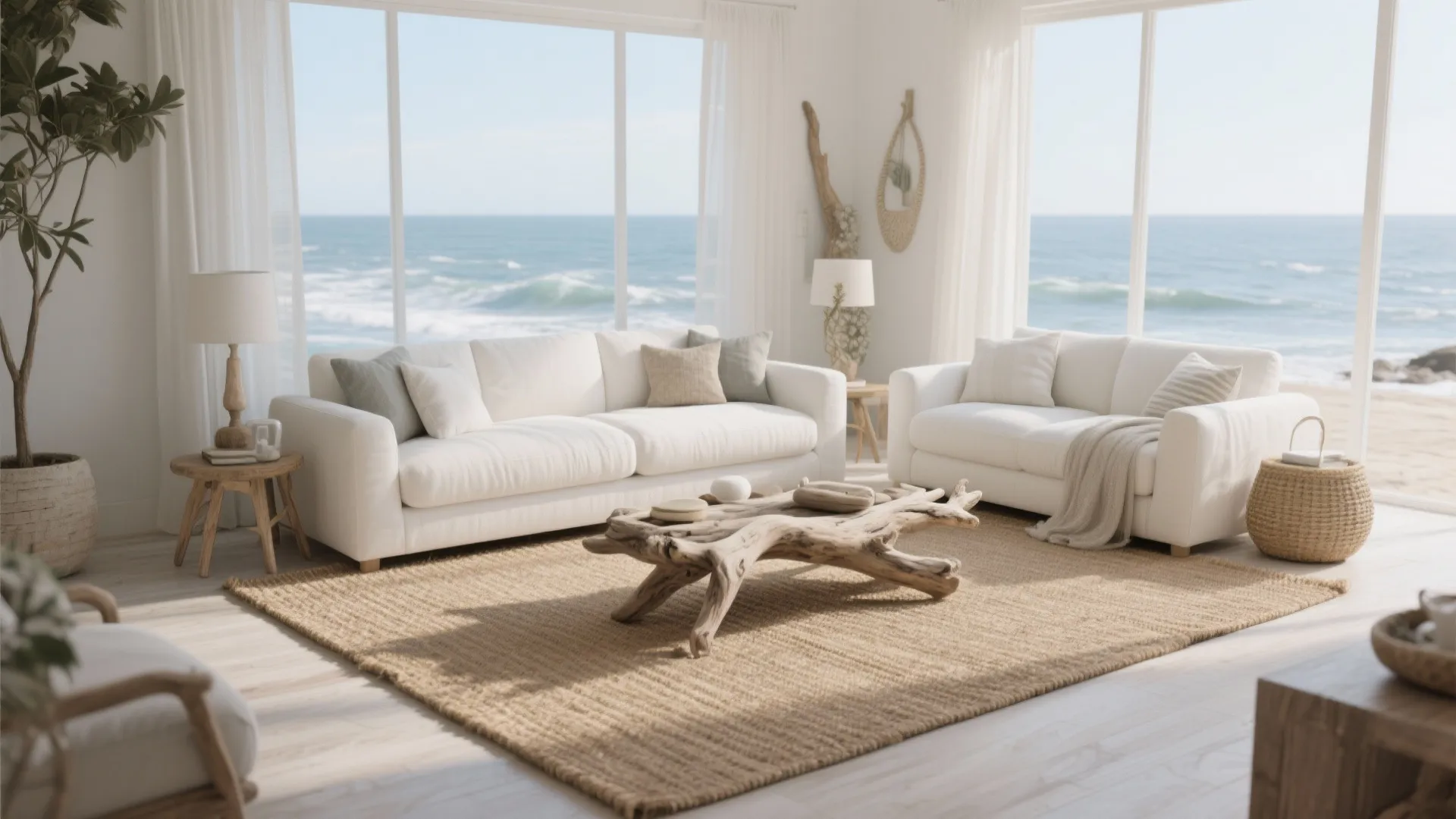 Coastal living room with white sofas a driftwood coffee table jute rug and ocean view