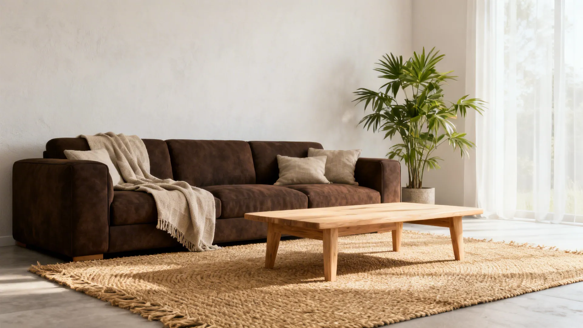 Airy living room with a brown sofa and a natural jute rug for an organic vibe